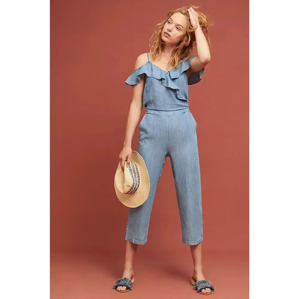Anthropologie- Michael Stars Ruffled Open-Shoulder Jumpsuit